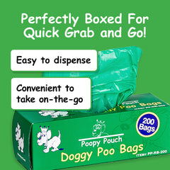 Poopy Pouch, bolsas 8x13 verdes, instaladas en dispensador para limpieza diaria.
