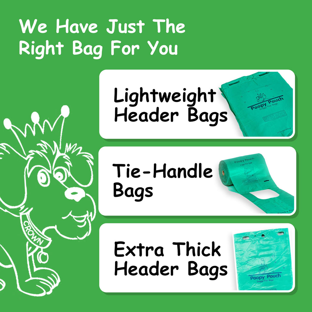 Bolsas Poopy Pouch verde 8x13 para perros y gatos, práctica para limpieza.