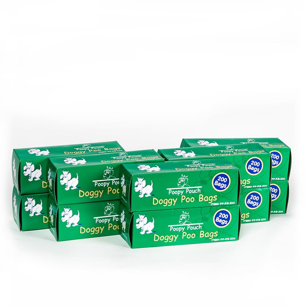 Poopy Pouch, rollos de bolsas 8x13 verdes para perros y gatos, uso rápido en paseos.