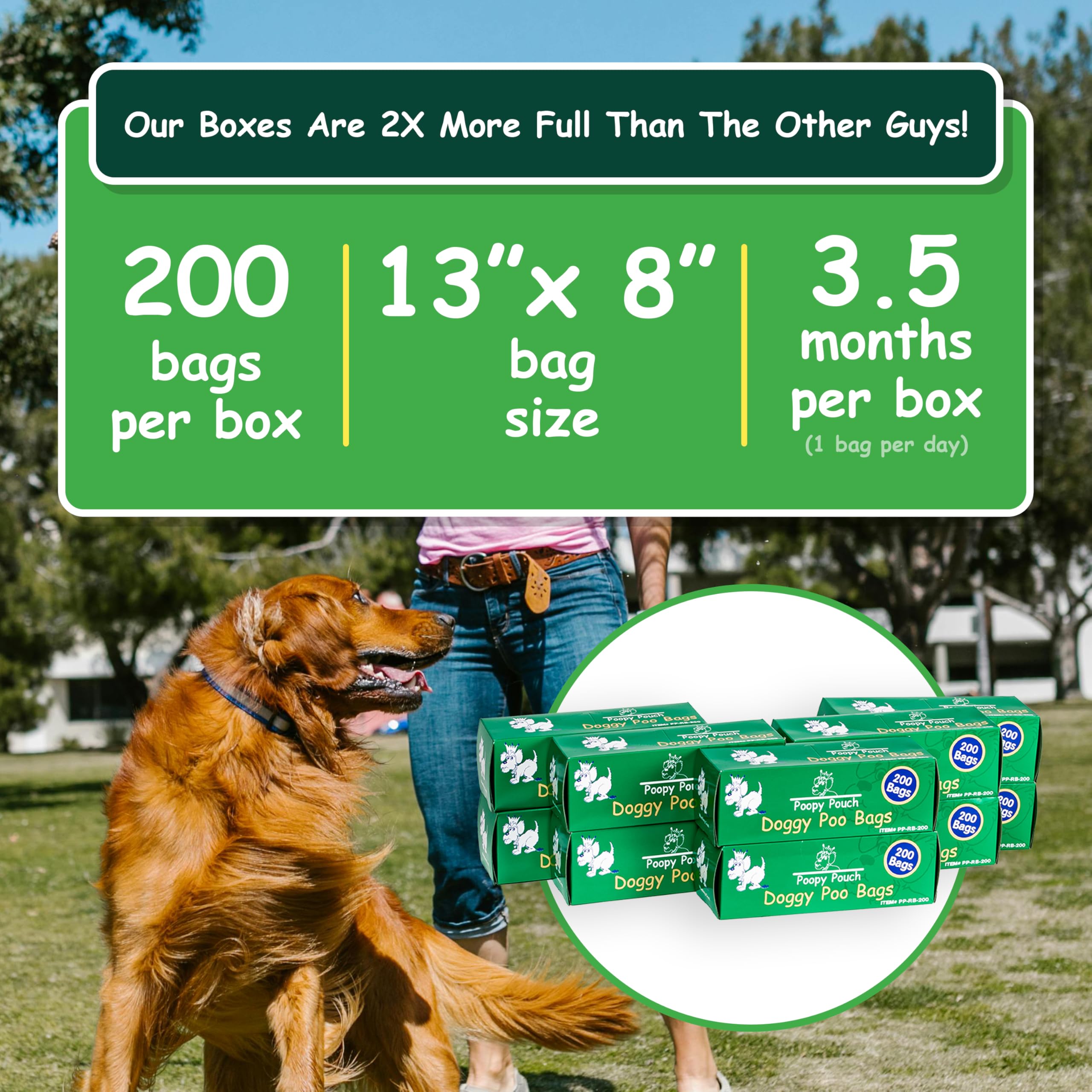 Uso exterior de bolsas Poopy Pouch 8x13 verde para parques y zonas públicas.