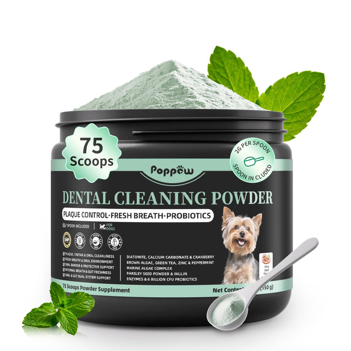 POPPAW polvos dentales para perros en empaque práctico para el uso diario.