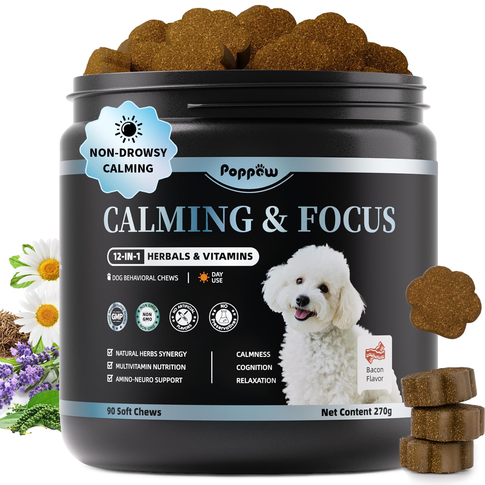 POPPAW Premios calmantes en bolsa tocino, ideal para entrenamiento.