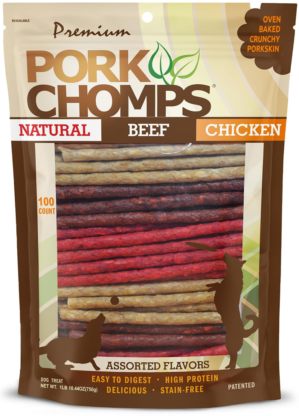 Pork Chomps palitos Munchy 5 pulgadas, paquete de 100, masticado duradero para perros.