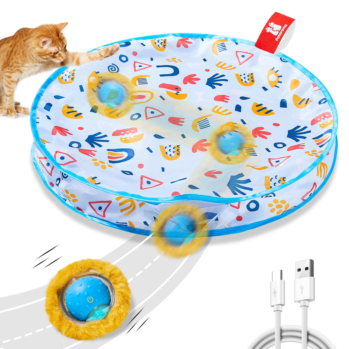 Potaroma bola movimiento rápido en la alfombra de juego, entretenimiento dinámico para gatos.