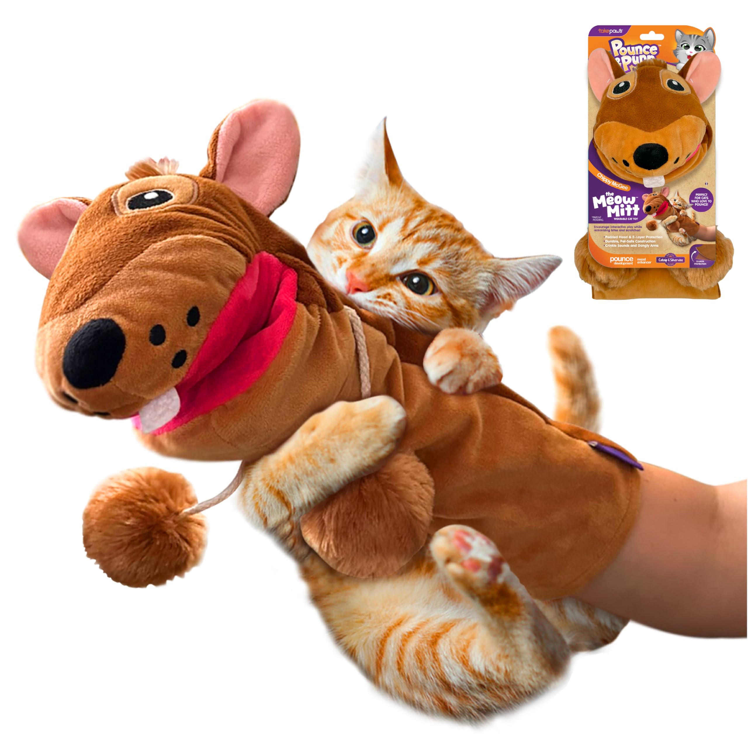 Pounce & Purr guante interactivo en la mano para juego cercano con gatos.
