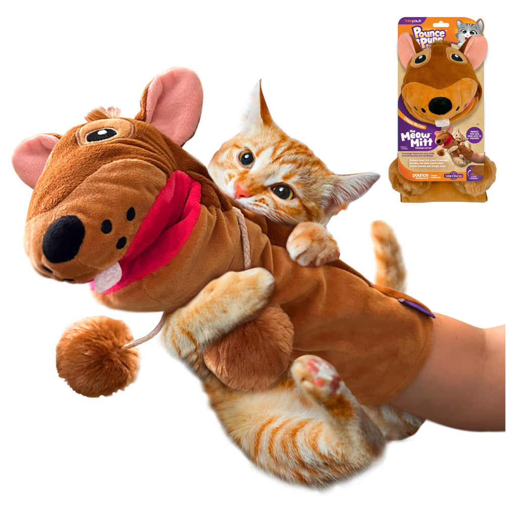 Pounce & Purr guante interactivo en la mano para juego cercano con gatos.