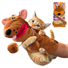Pounce & Purr guante interactivo en la mano para juego cercano con gatos.