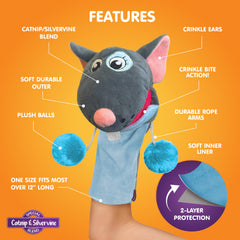 Pounce & Purr Meow Mitt: catnip y silvervine para estimulación natural del juego.