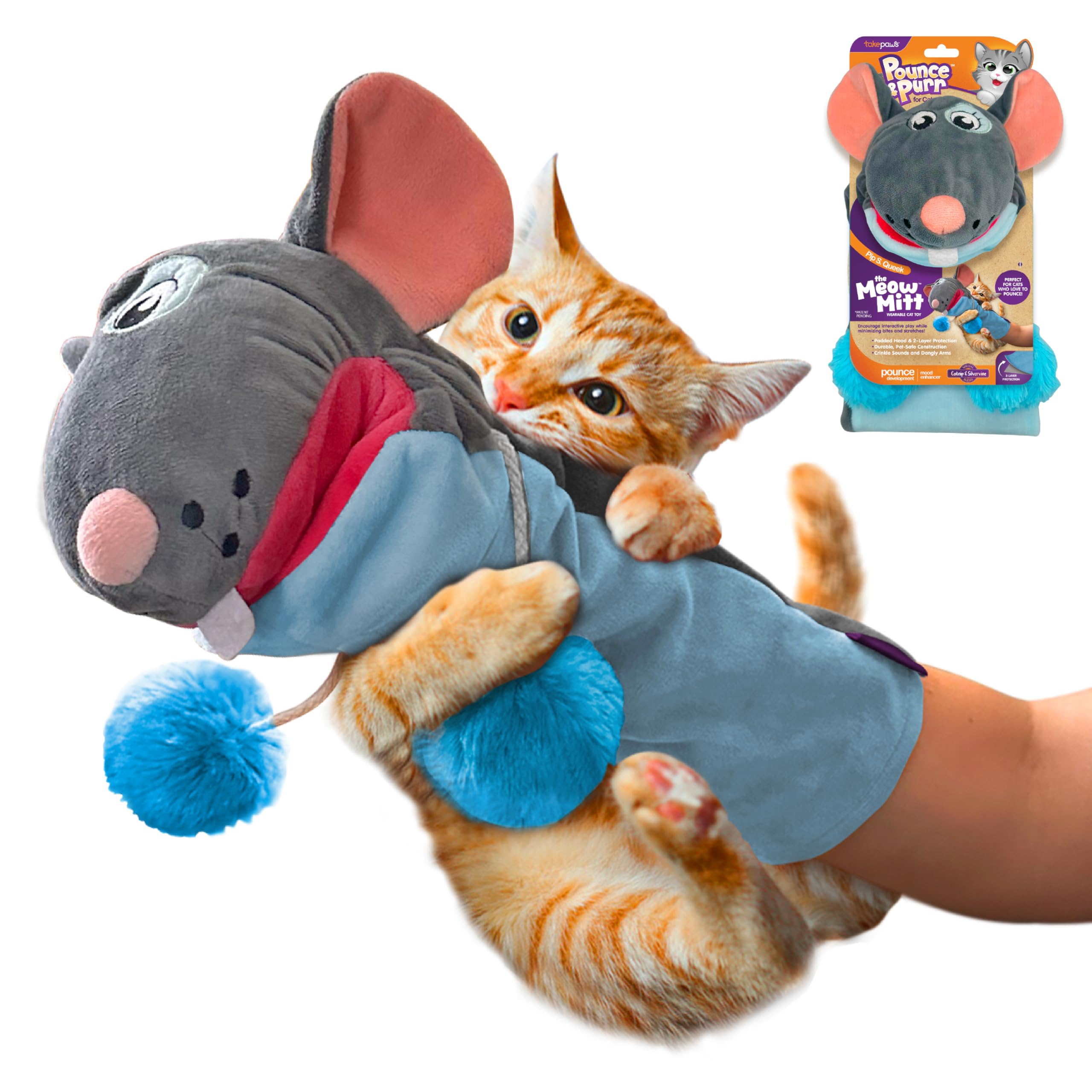 Pounce & Purr Meow Mitt: diseño ergonómico para juego cercano y cómodo.