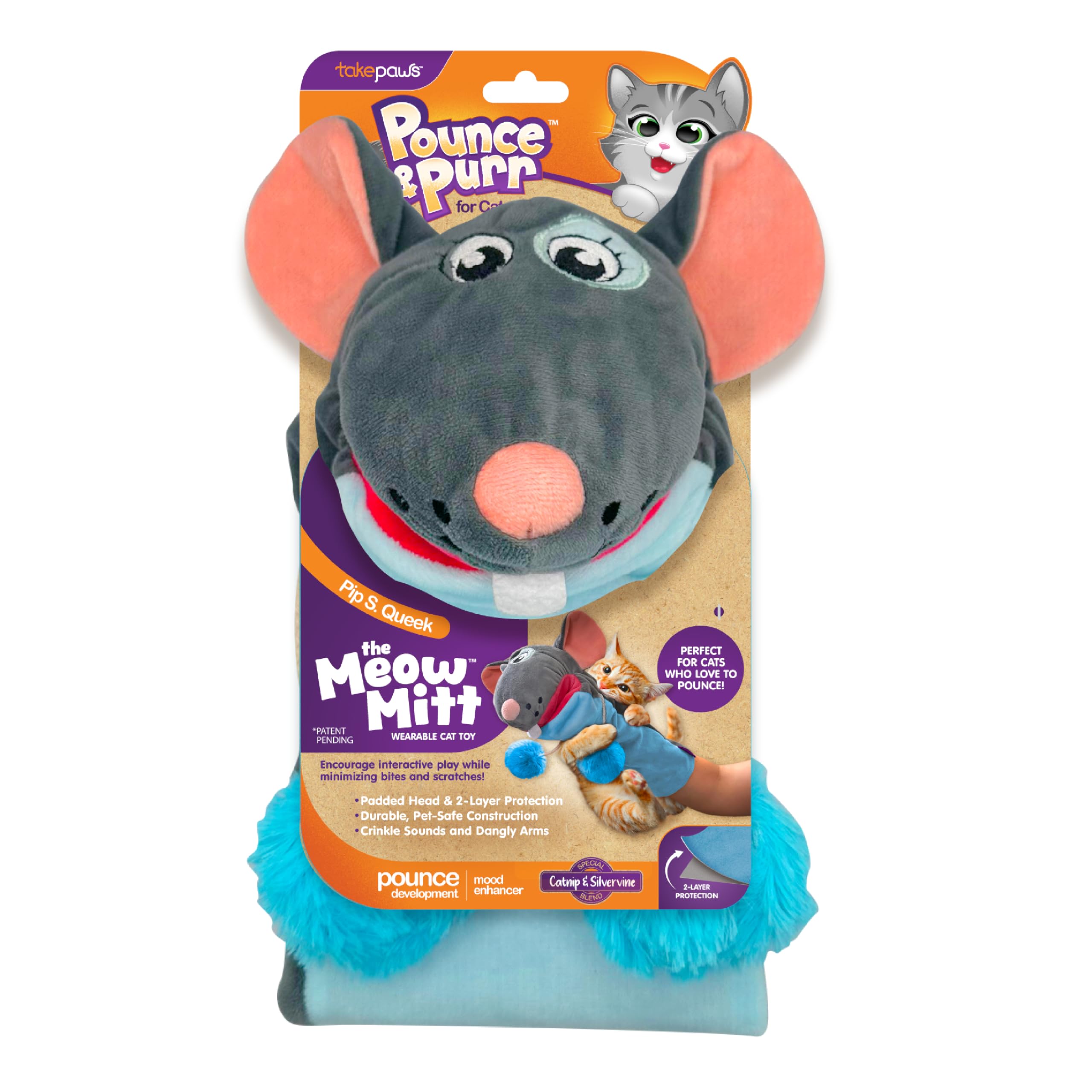 Pounce & Purr Meow Mitt: revestimiento doble para mayor protección durante juegos activos.