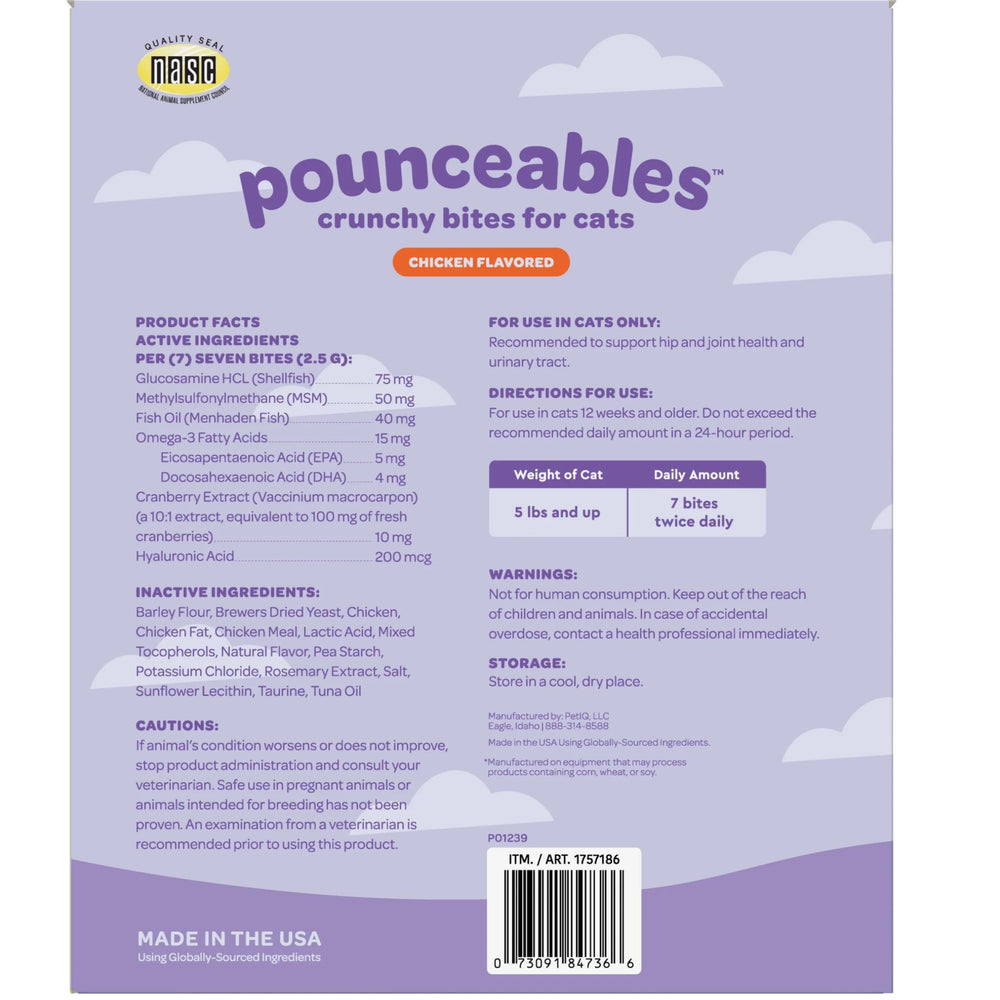 Pounceables: imagen de ingredientes clave, omega-3 para el pelaje y la movilidad.
