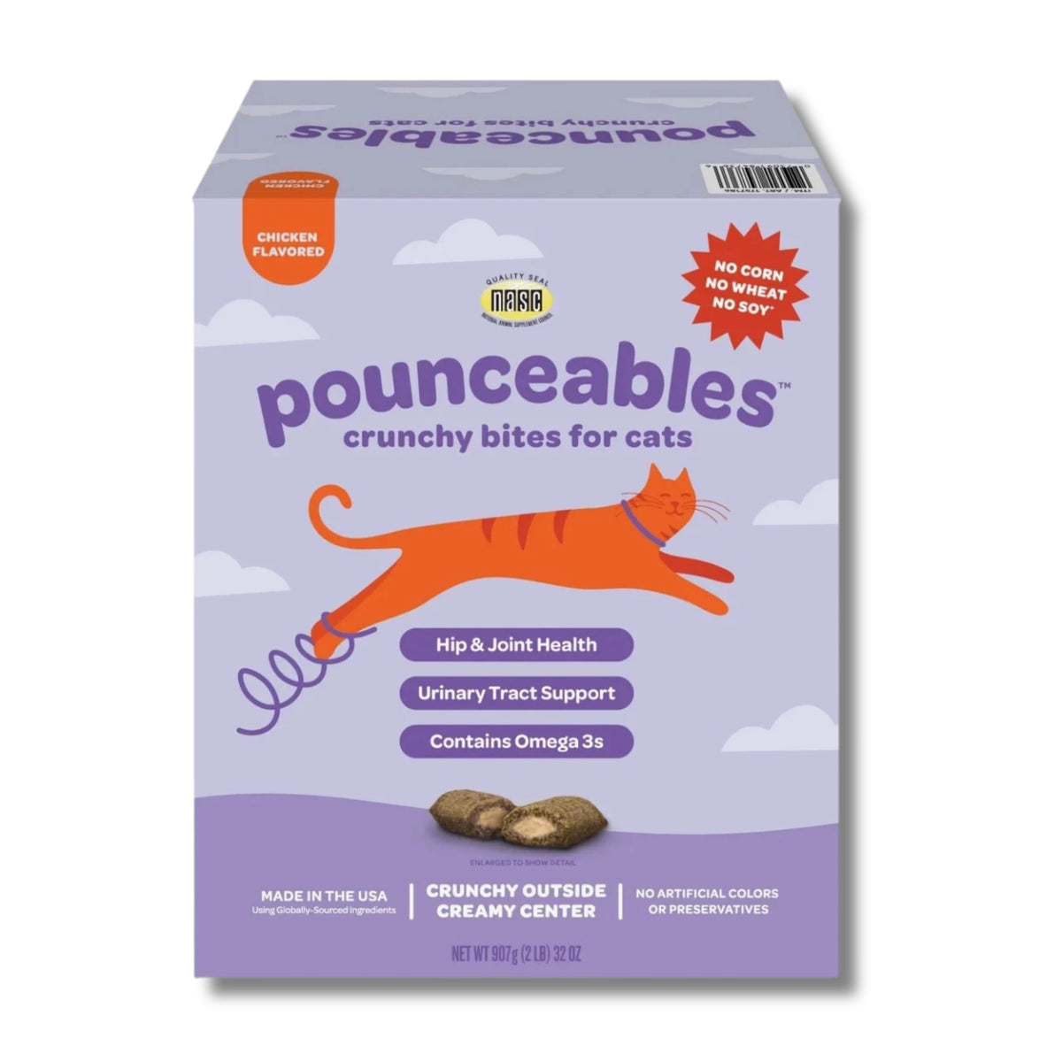 Pounceables frente al envase: snack de pollo para gatos con apoyo a articulaciones.