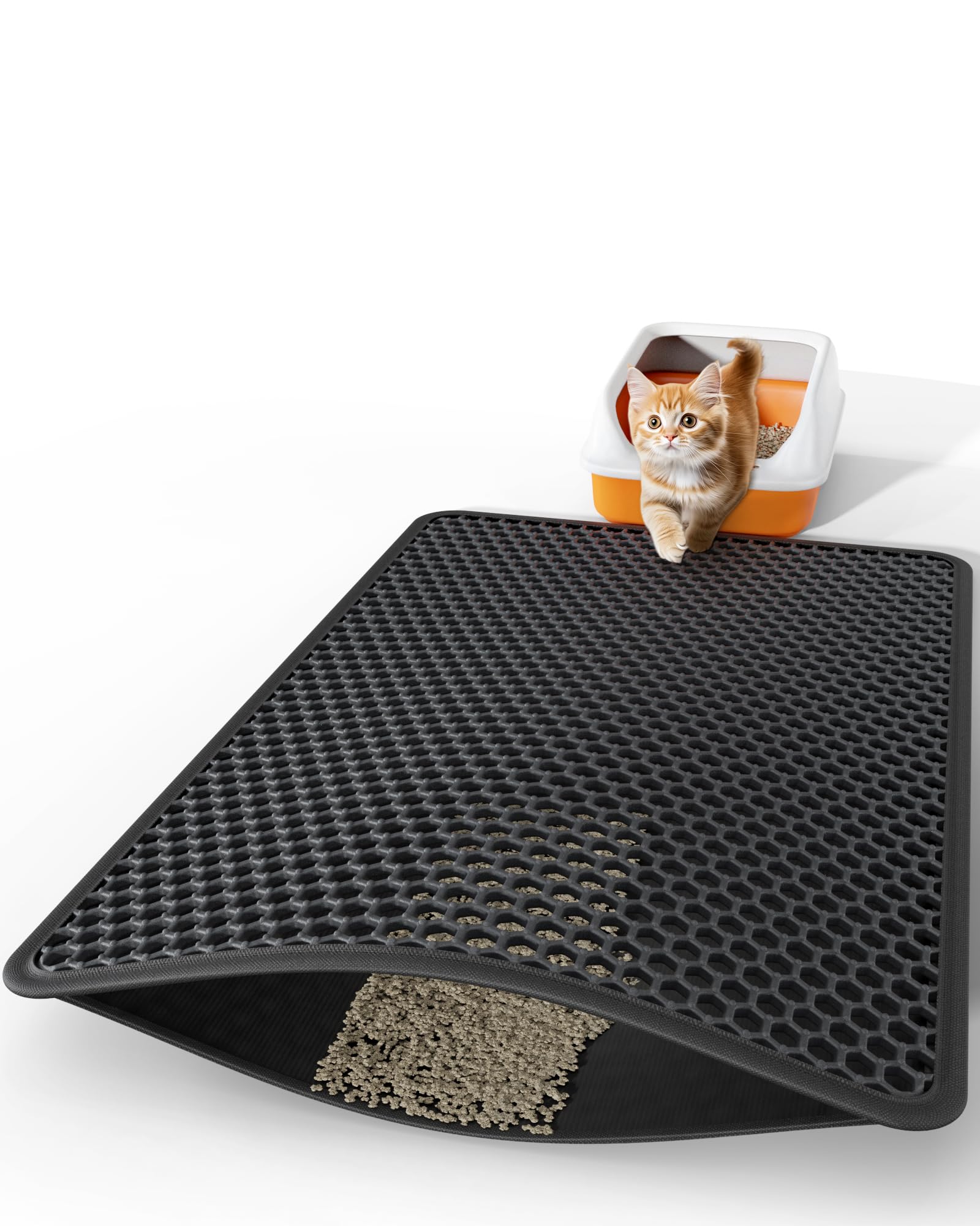 Powools alfombrilla para arena de gato, doble capa, negra, atrapa la arena y mantiene el suelo limpio.