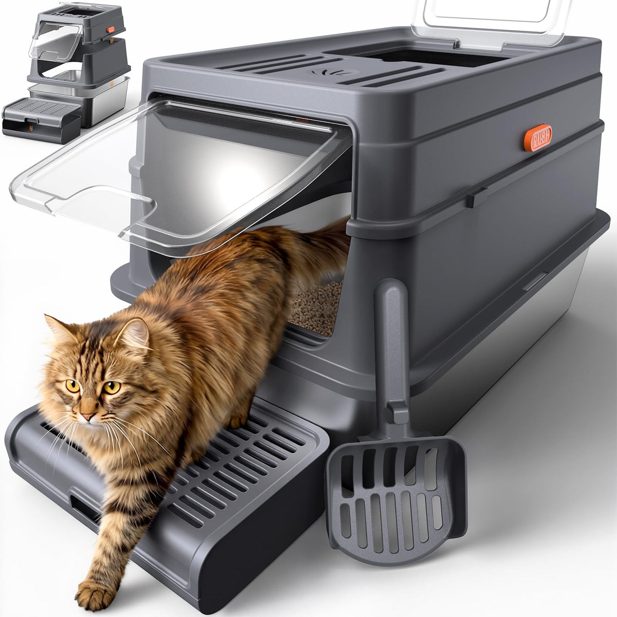 Powools caja de arena para gato con tapa de acero inoxidable, limpieza rápida.