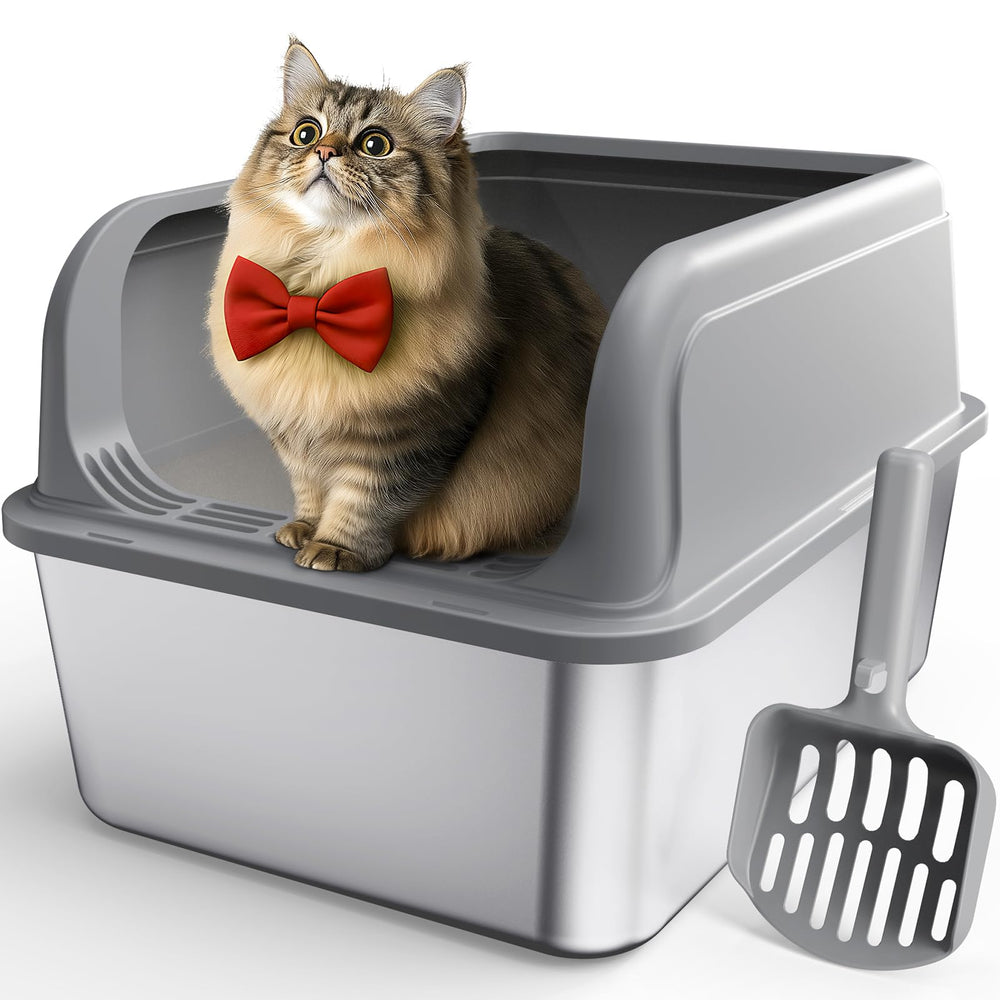 Powools caja de arena para gatos en acero inoxidable, vista frontal, duradera y limpia.