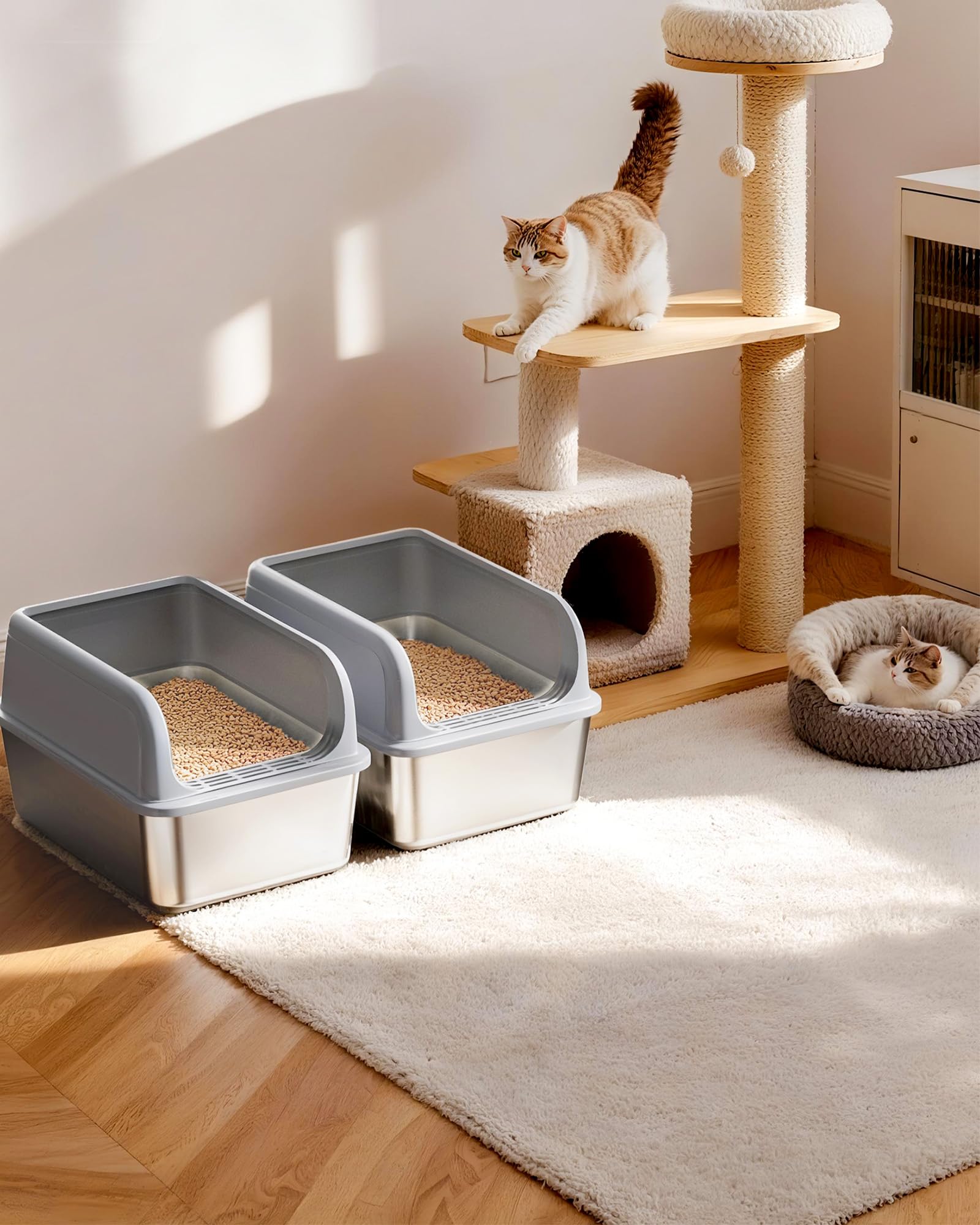 Powools caja de arena para gatos en acero inoxidable, almohadillas antideslizantes para estabilidad.