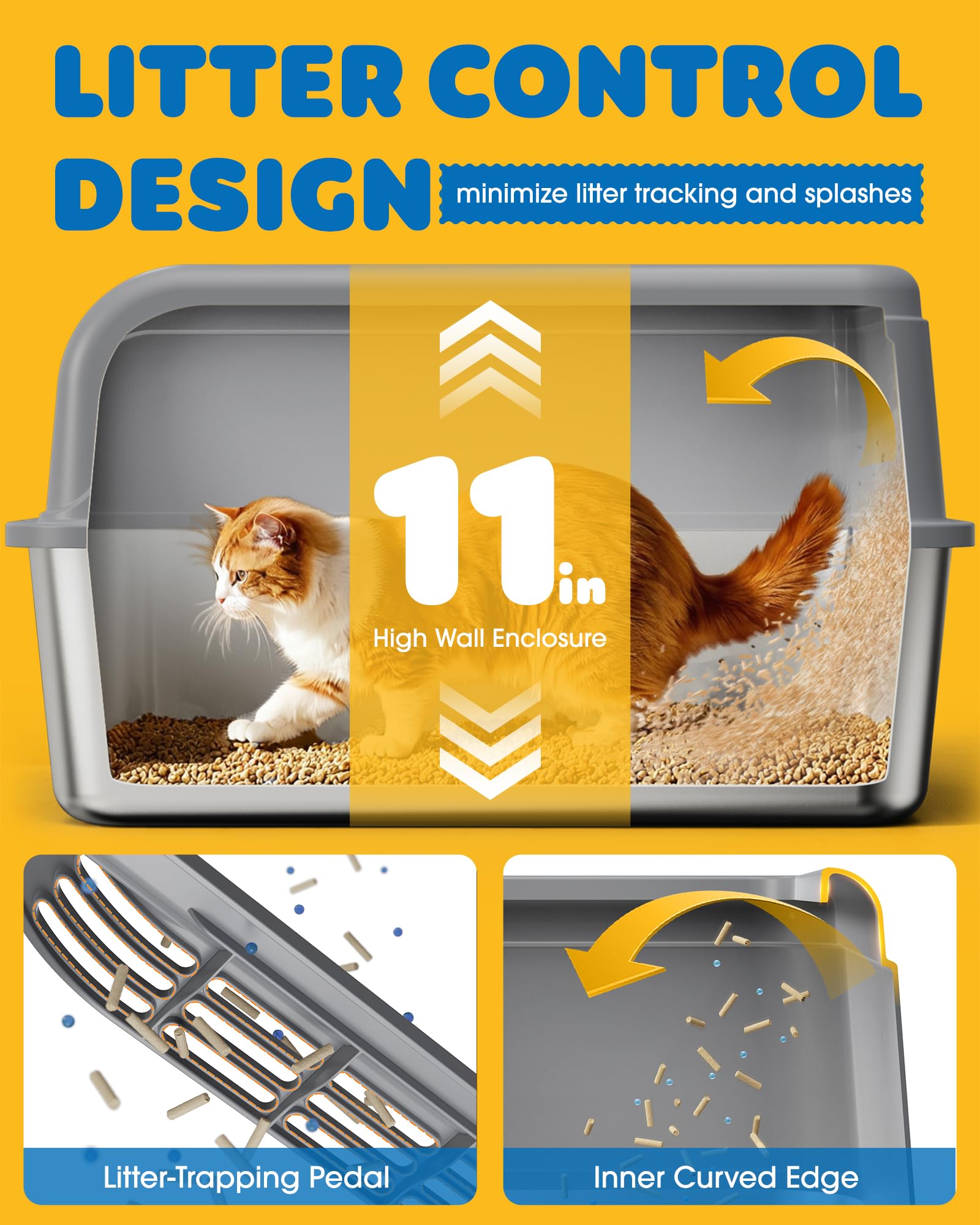Powools caja de arena para gatos en acero inoxidable, borde enrollado hacia adentro para salpicaduras.