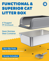 Powools caja de arena para gatos en acero inoxidable, interior amplio para movimientos cómodos.