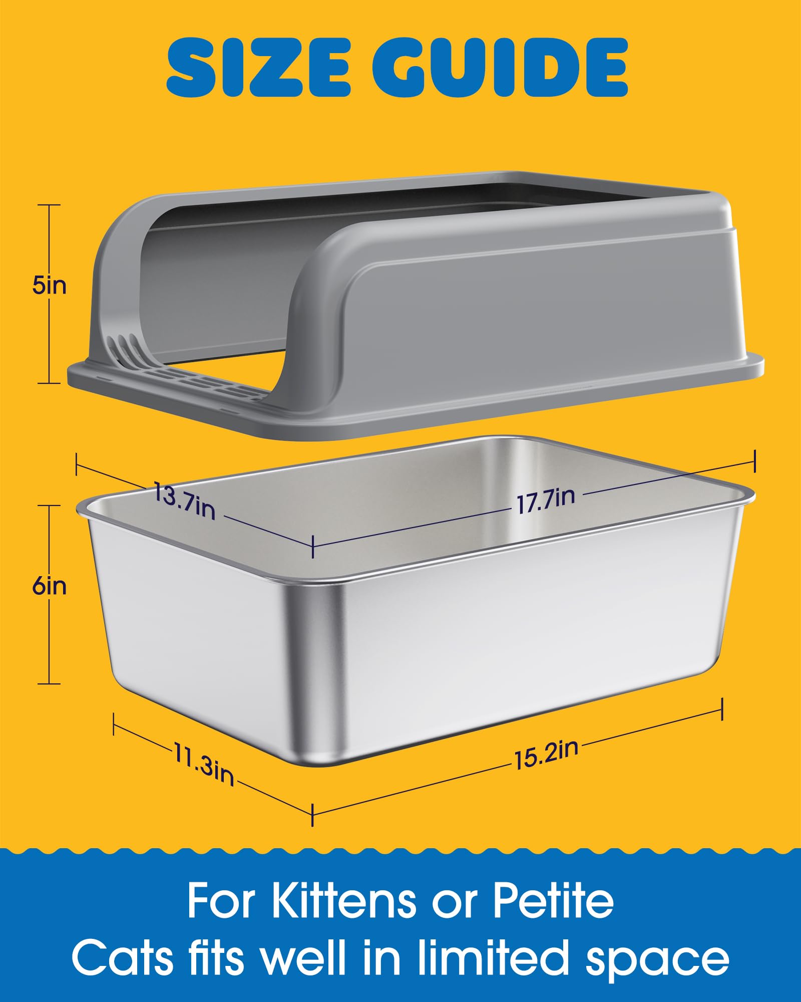 Powools caja de arena para gatos en acero inoxidable, palas colgadas en el borde para limpieza.