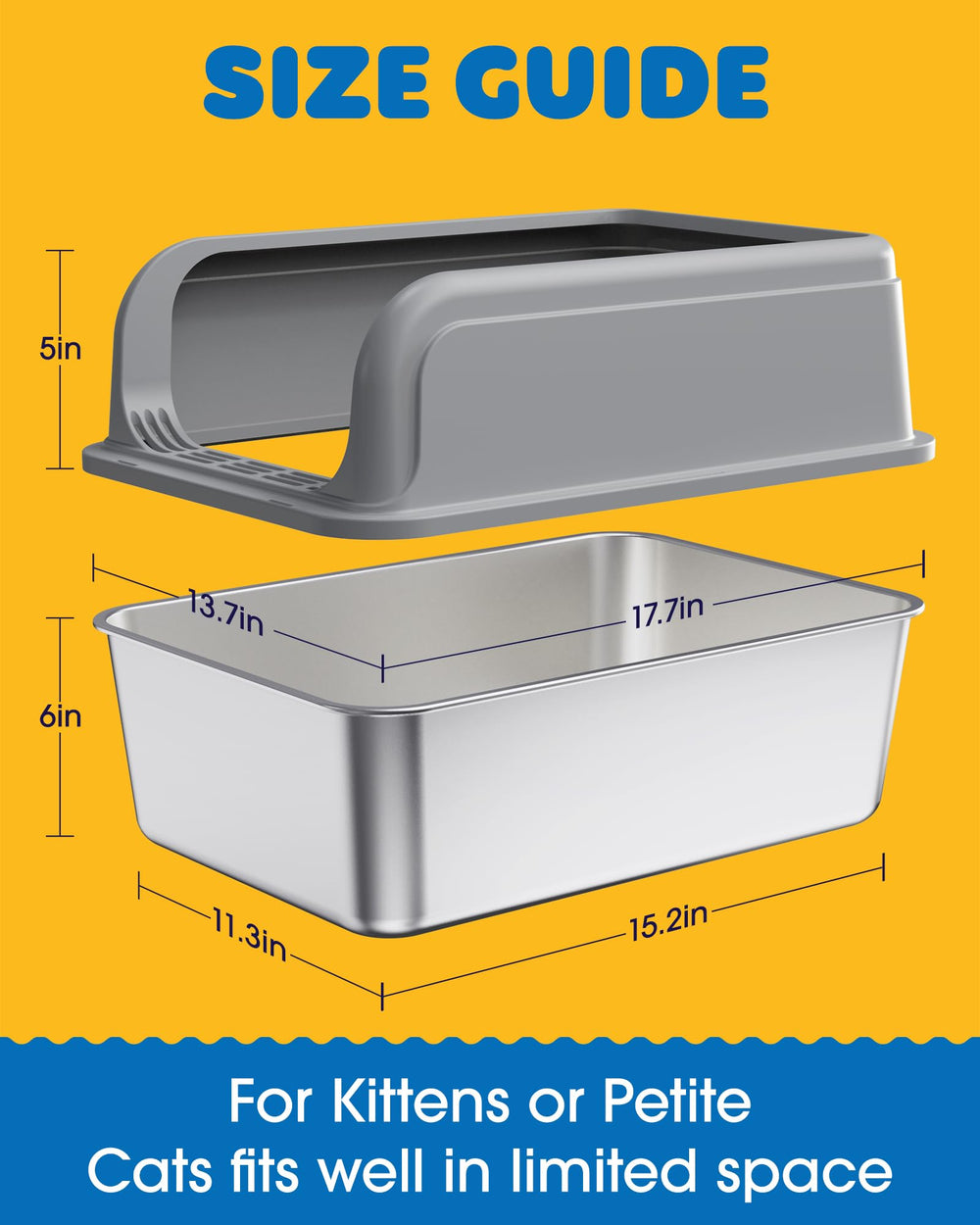 Powools caja de arena para gatos en acero inoxidable, palas colgadas en el borde para limpieza.