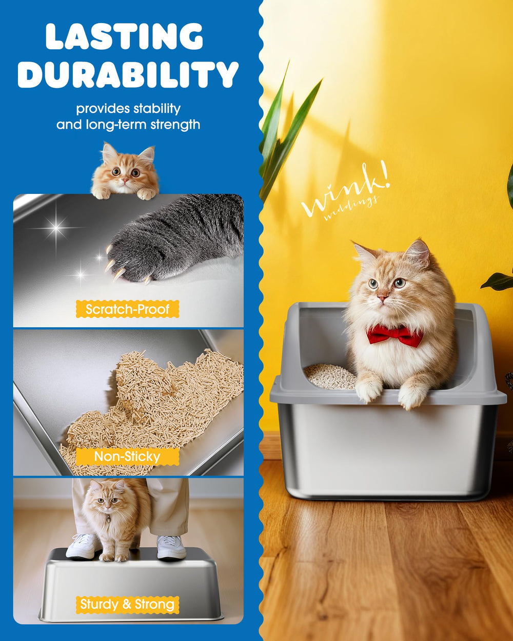 Powools caja de arena para gatos en acero inoxidable, paredes altas para contener derrames.