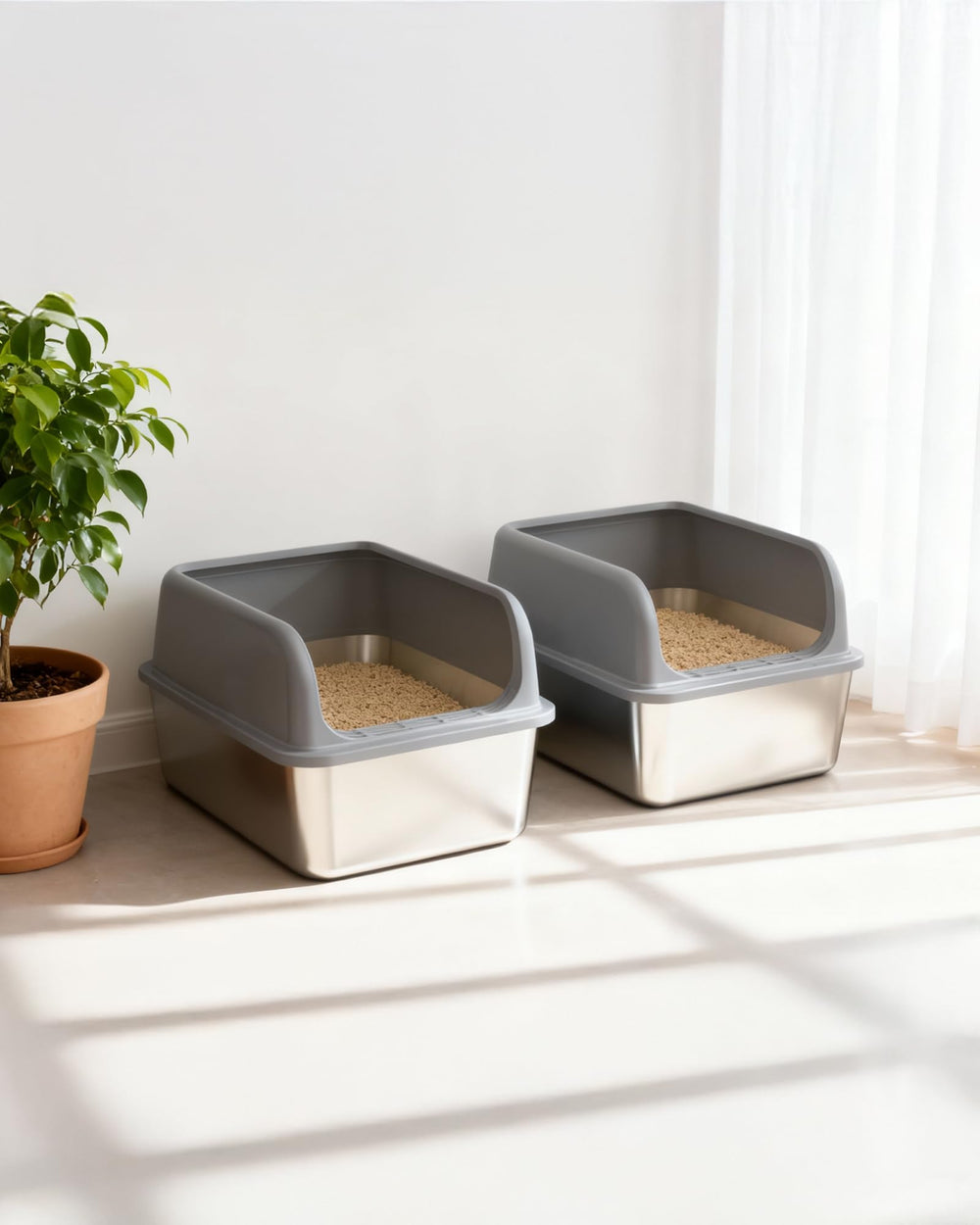 Powools caja de arena para gatos en acero inoxidable, uso interior-exterior práctico.