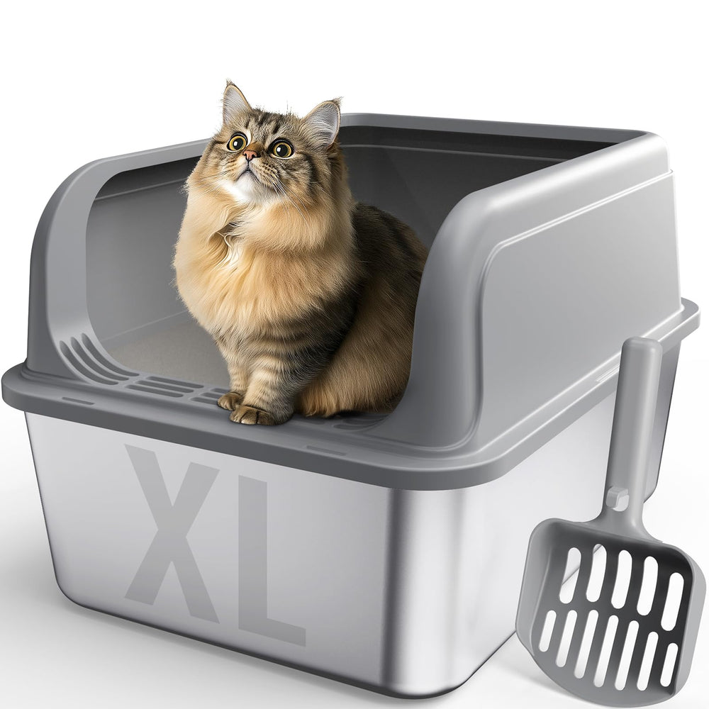 Powools XL vista superior de la caja de arena para gatos en acero inoxidable, duradera.