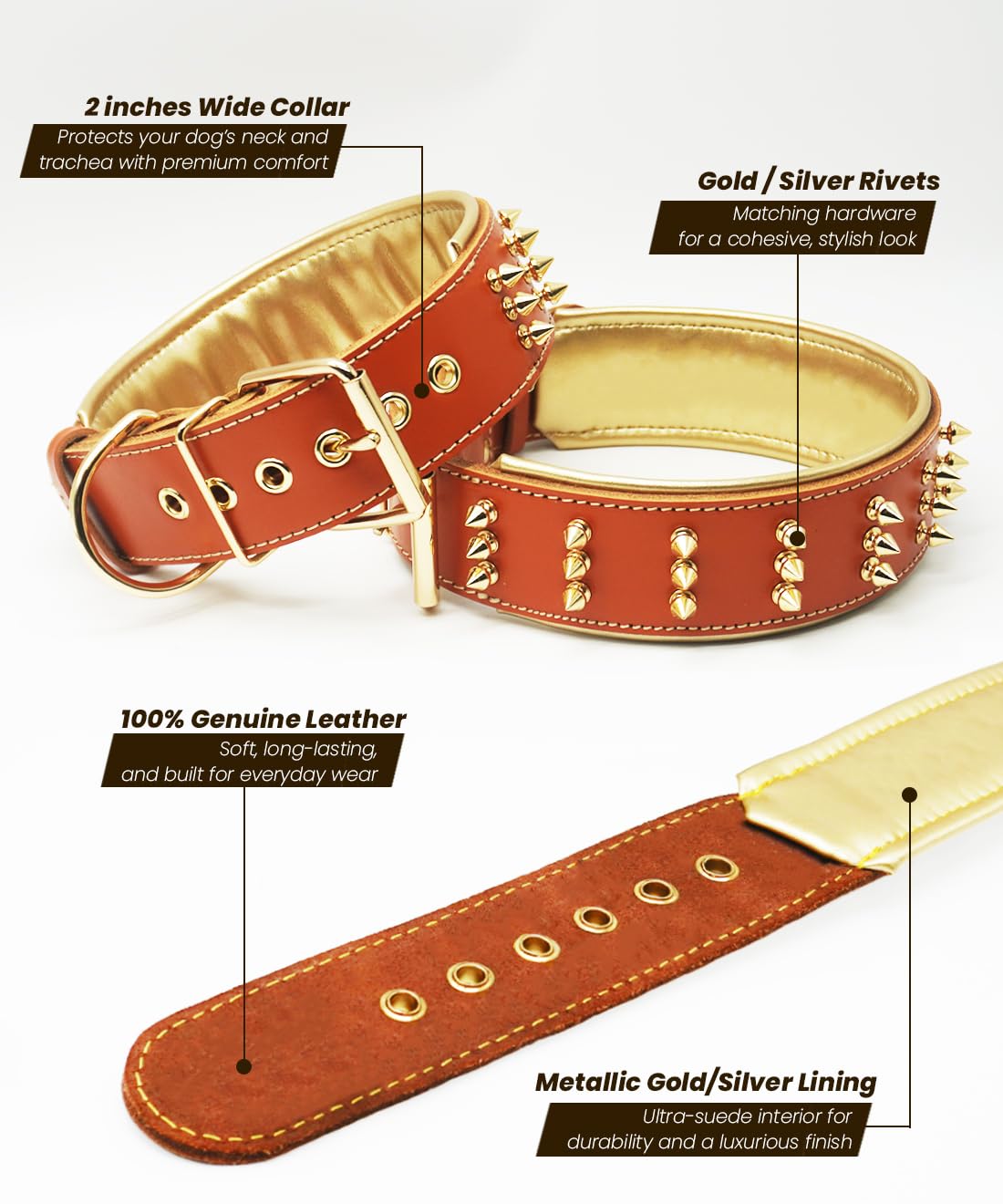Collar artesanal de cuero PP COLOR con espigas para un aspecto robusto.