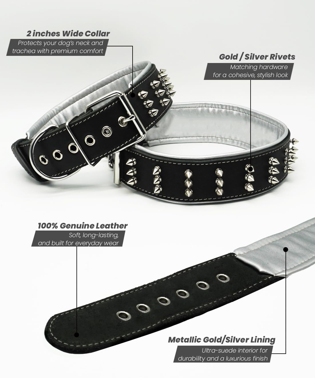 Collar PP COLOR con púas, diseño que distribuye la presión para mayor confort.