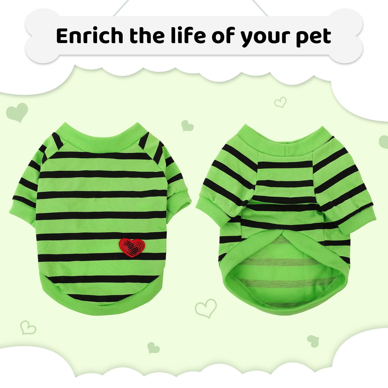 Preferhouse camiseta rayas verde con corazones, estilo diario para tu mascota.