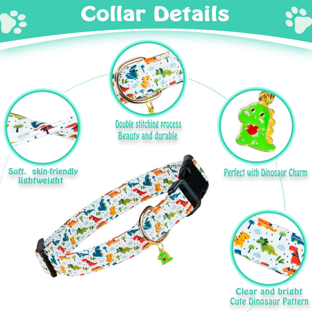 Collar PREHAI con costura doble y dinosaurio blanco, mayor durabilidad.
