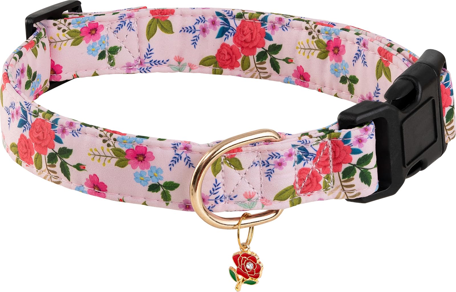 Collar PREHAI con rosa rosada y detalle floral para perrito, suave y cómodo.