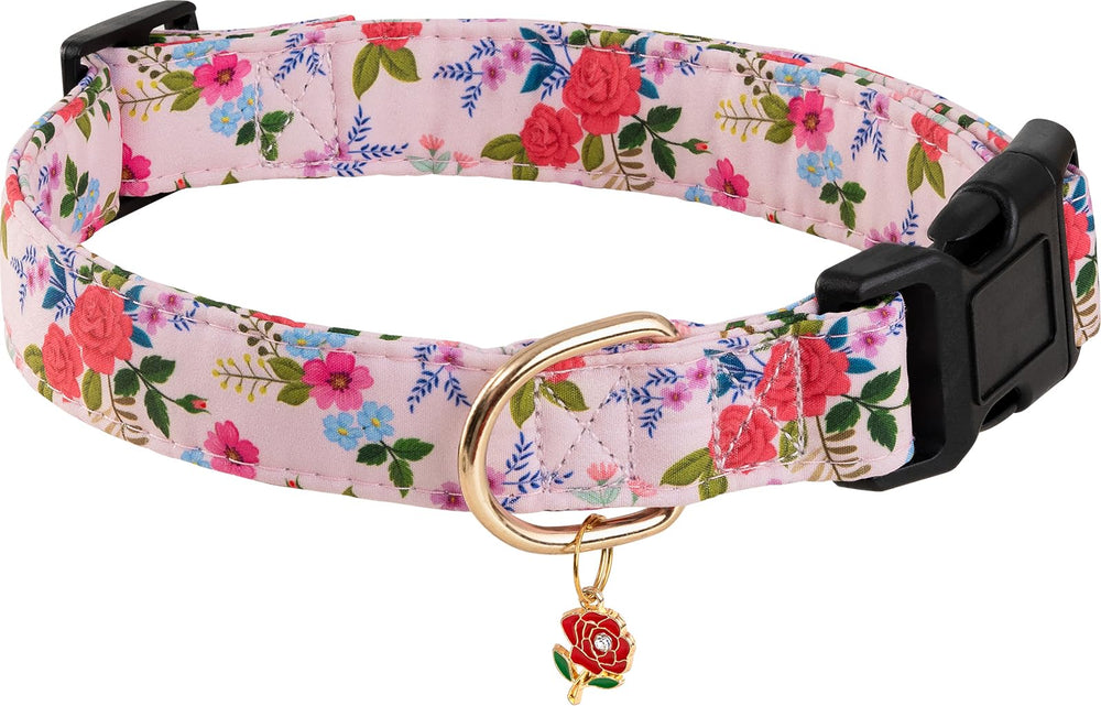 Collar PREHAI con rosa rosada y detalle floral para perrito, suave y cómodo.
