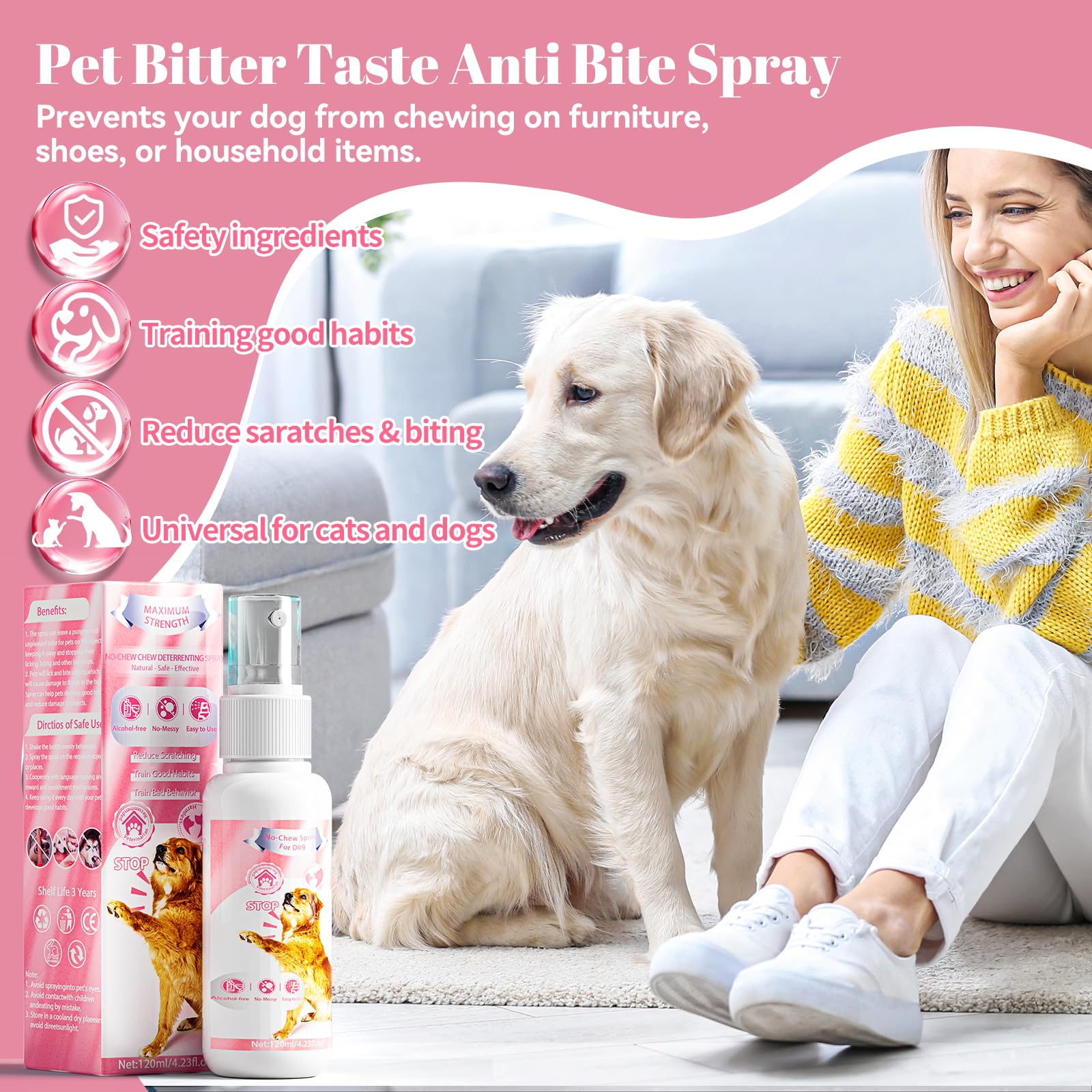 Premier Pet Bitter Apple Spray en perro, deteniendo la curiosidad del objeto
