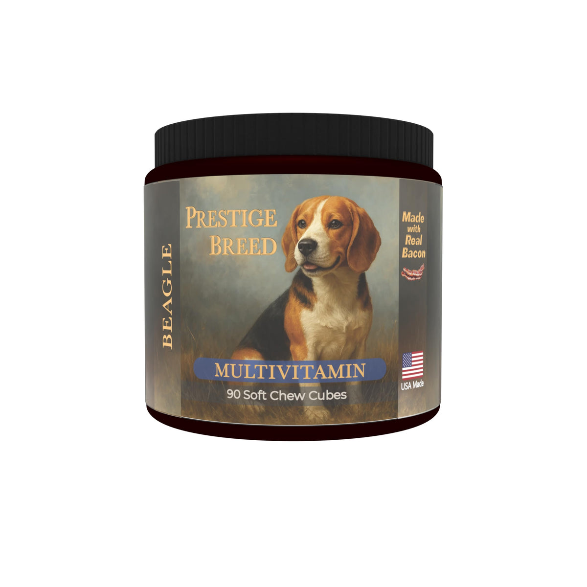 Prestige Breed Beagle Multivitamins: envase con etiqueta, apoyo nutricional diario para Beagles activos.