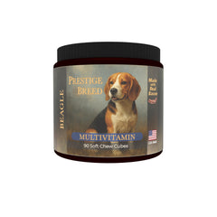 Prestige Breed Beagle Multivitamins: envase con etiqueta, apoyo nutricional diario para Beagles activos.