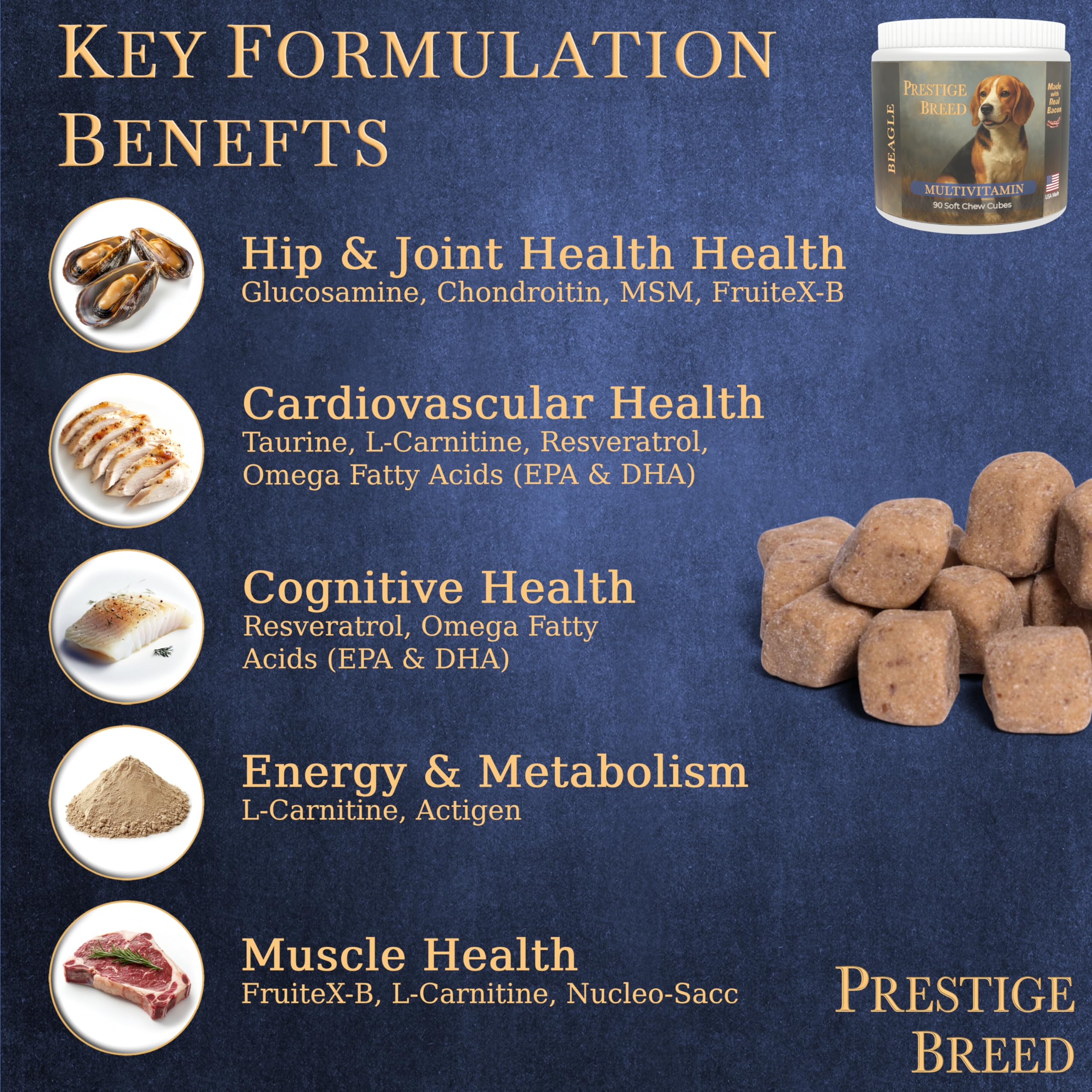 Prestige Breed Beagle Multivitamins: sabor a bacon real que facilita la suplementación diaria.