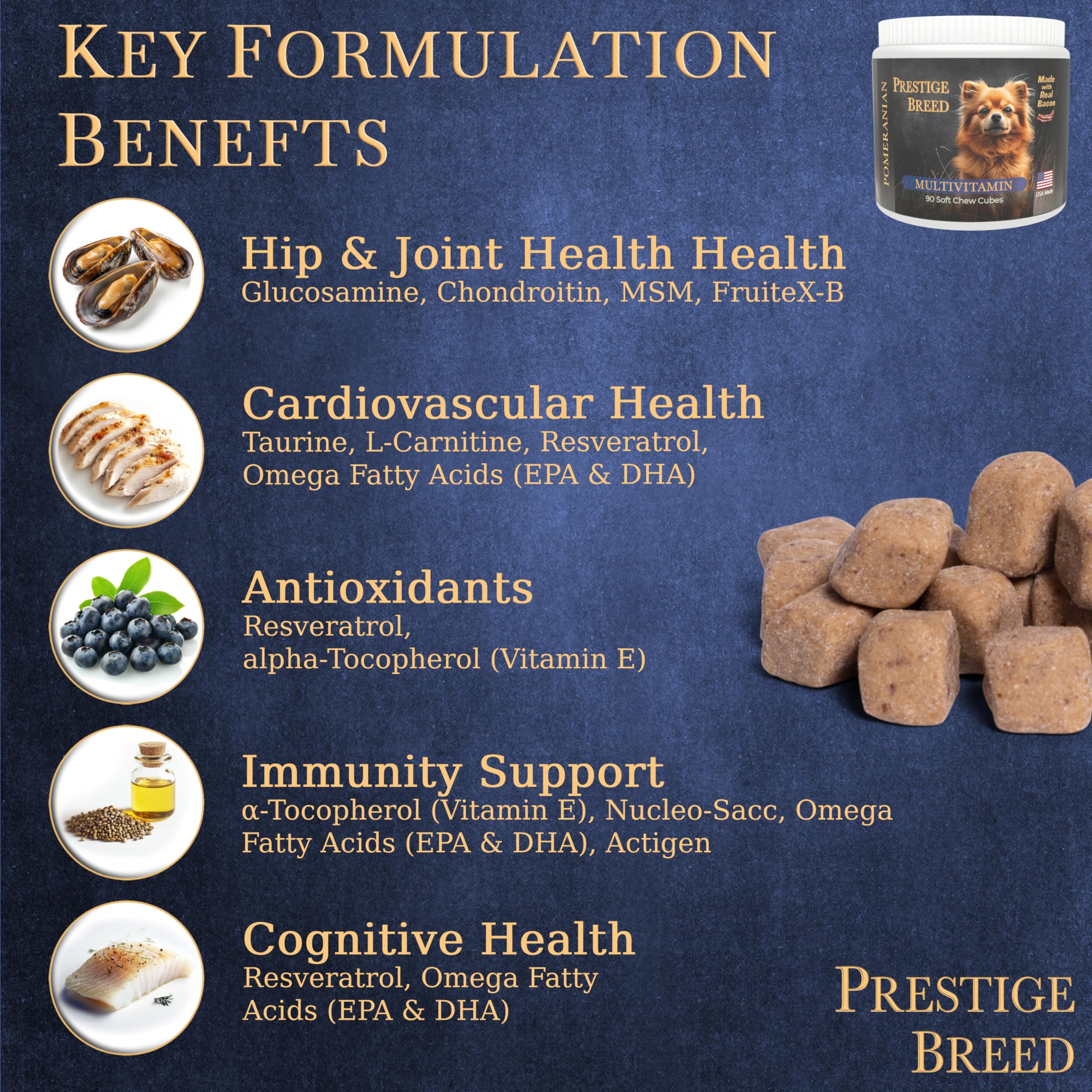 Impulso muscular y resistencia con Prestige Breed Multivitaminas para perros activos.