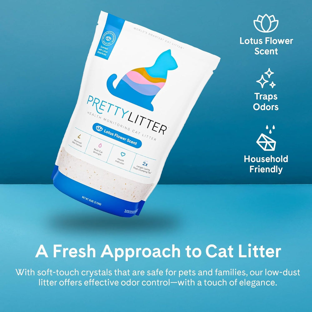 PrettyLitter mantenimiento sencillo con bolsa de 6 lb que dura un mes.