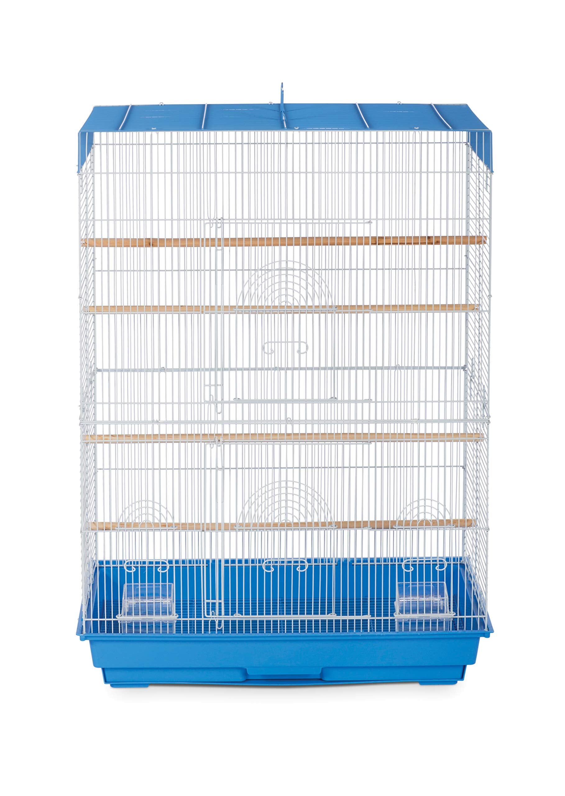 Prevue Pet Products jaula de vuelo azul y blanco, vista lateral, perfecta para optimizar el espacio.