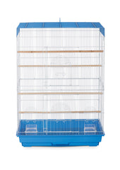 Prevue Pet Products jaula de vuelo azul y blanco, vista lateral, perfecta para optimizar el espacio.