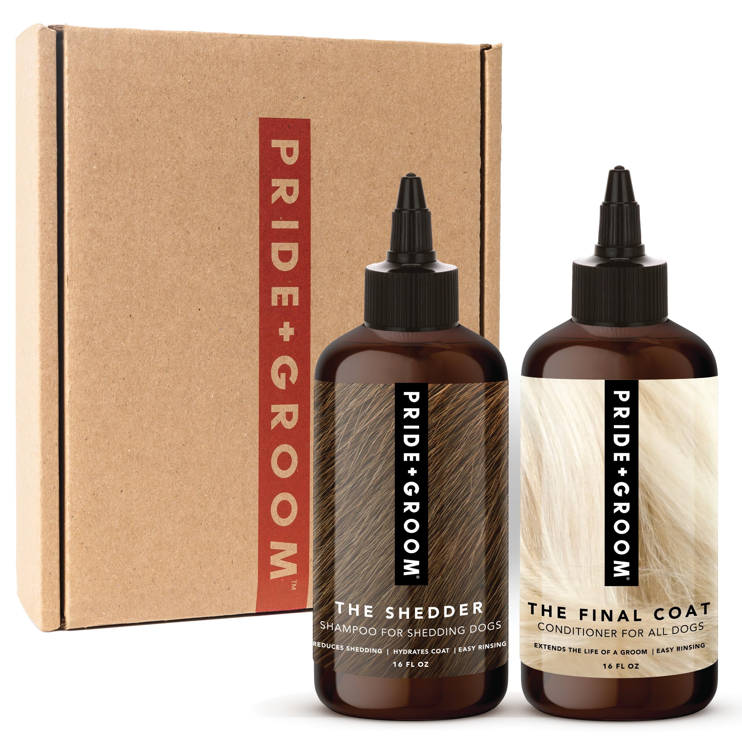 PRIDE AND GROOM Shedder Box Set: botella 32 oz para deslanado suave y pelaje limpio