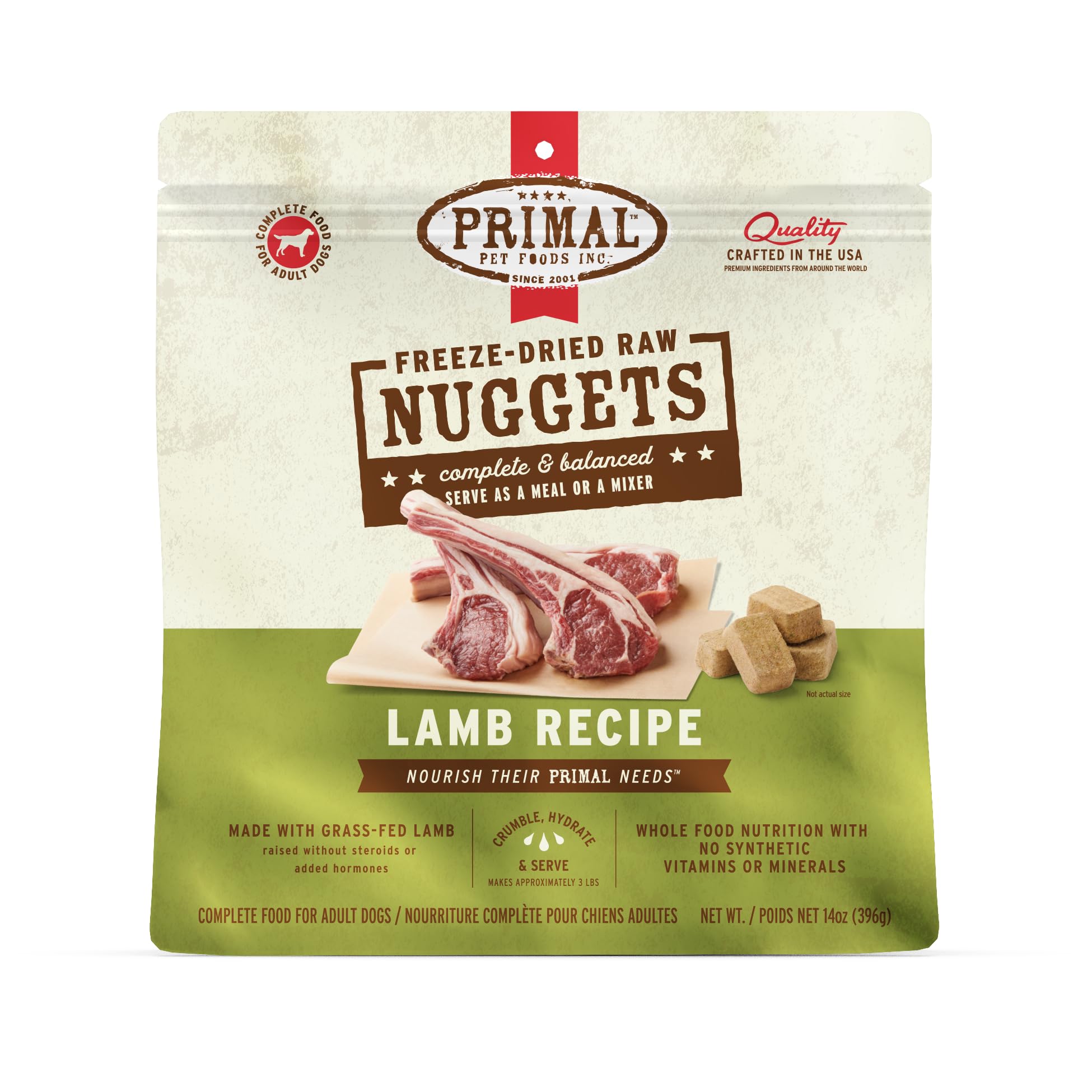 Primal cordero liofilizado para perros, comida completa y alta proteína.