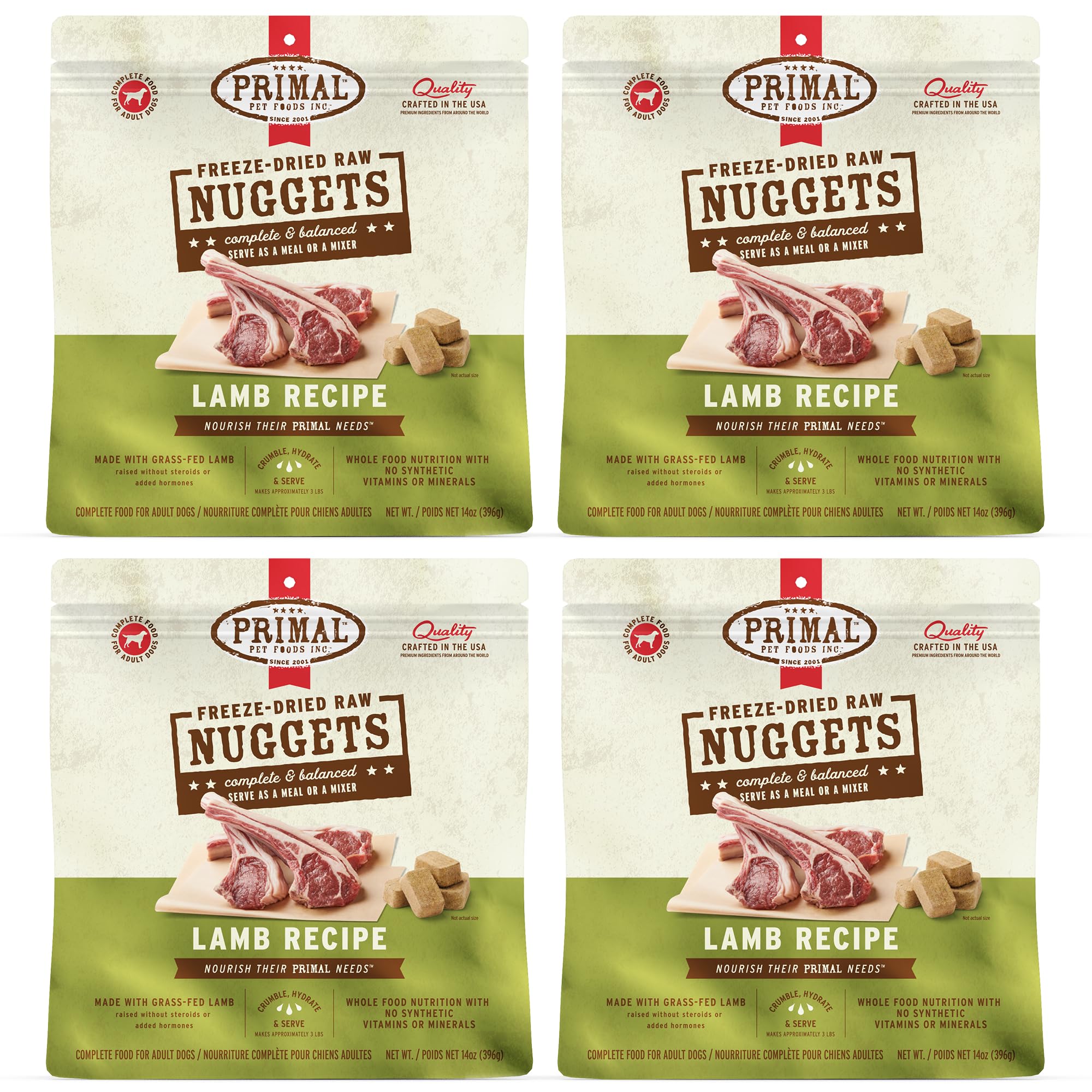 Primal bocaditos crudos deshidratados de cordero para perros, opción completa y sabrosa.