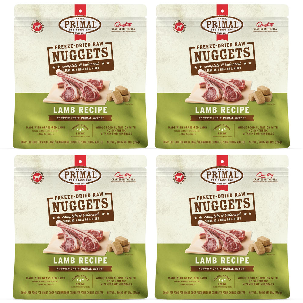 Primal bocaditos crudos deshidratados de cordero para perros, opción completa y sabrosa.