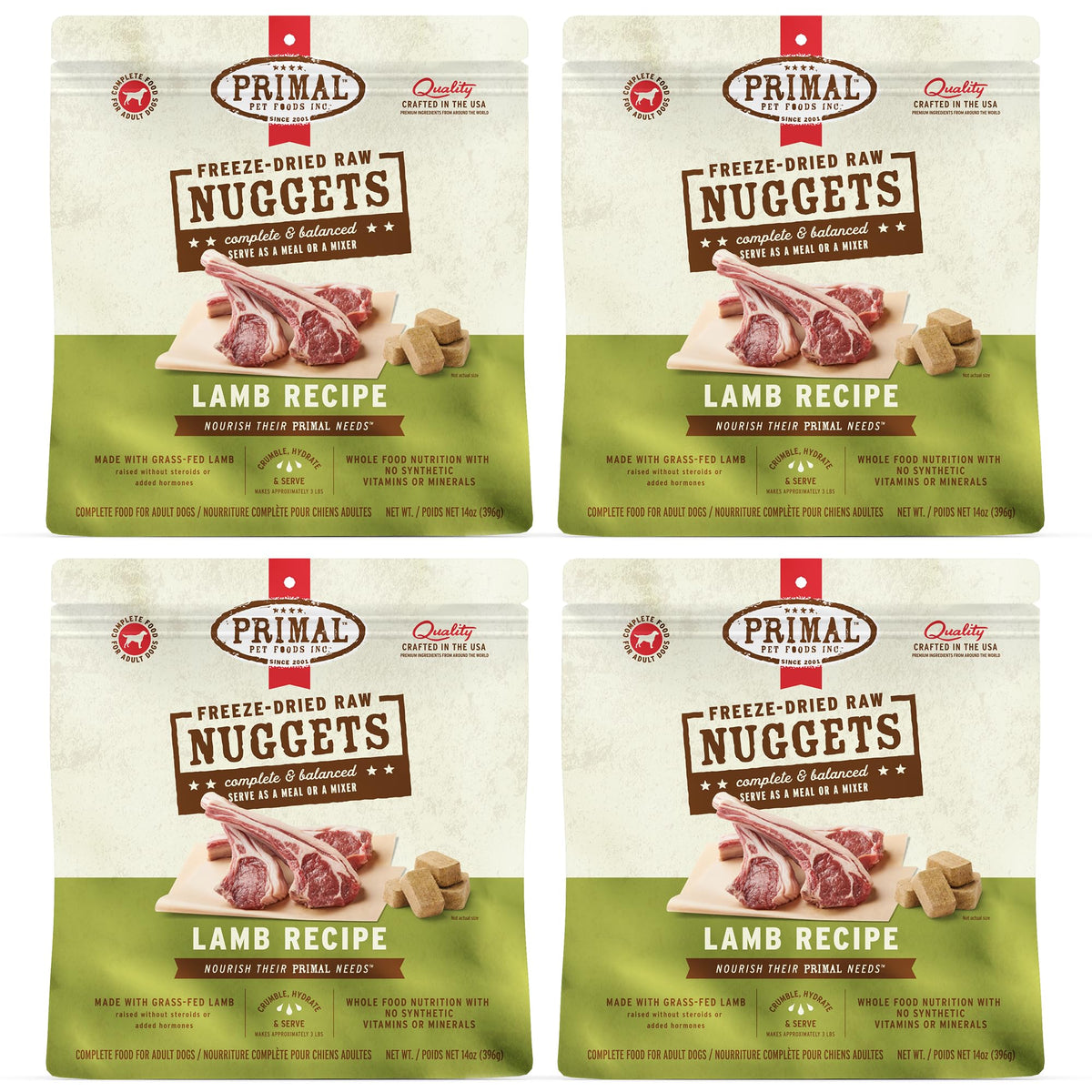 Primal bocaditos crudos deshidratados de cordero para perros, opción completa y sabrosa.