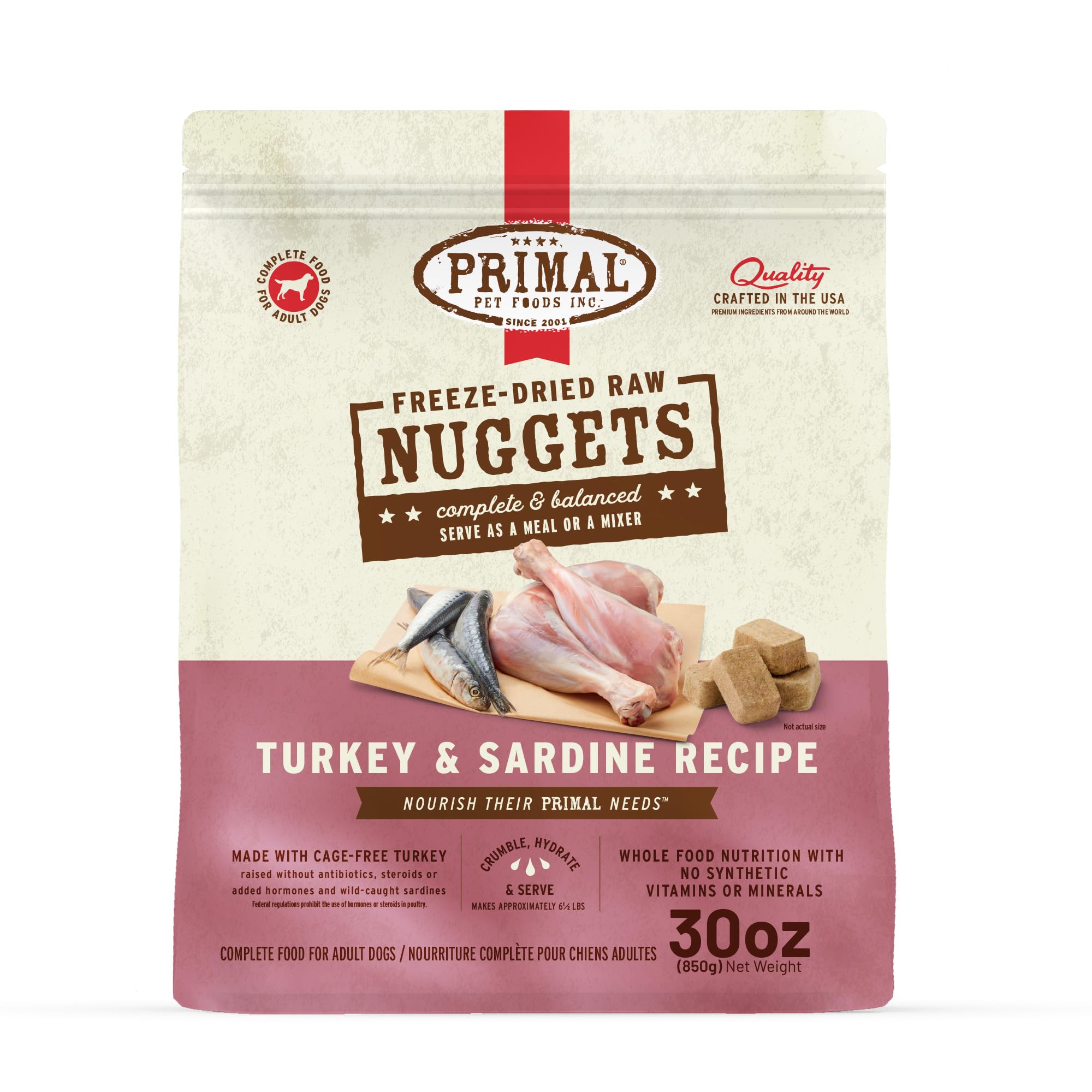Primal bocaditos liofilizados de pavo y sardina, ingredientes reales para una dieta equilibrada.