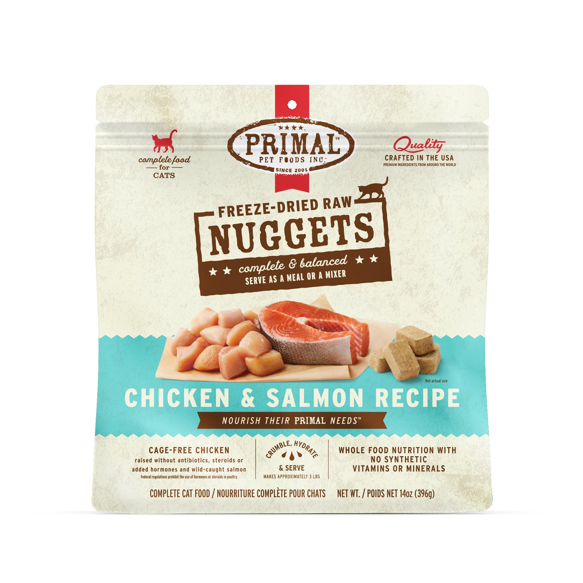 Primal bocaditos pollo-salmón, snack crujiente para gatos adultos.