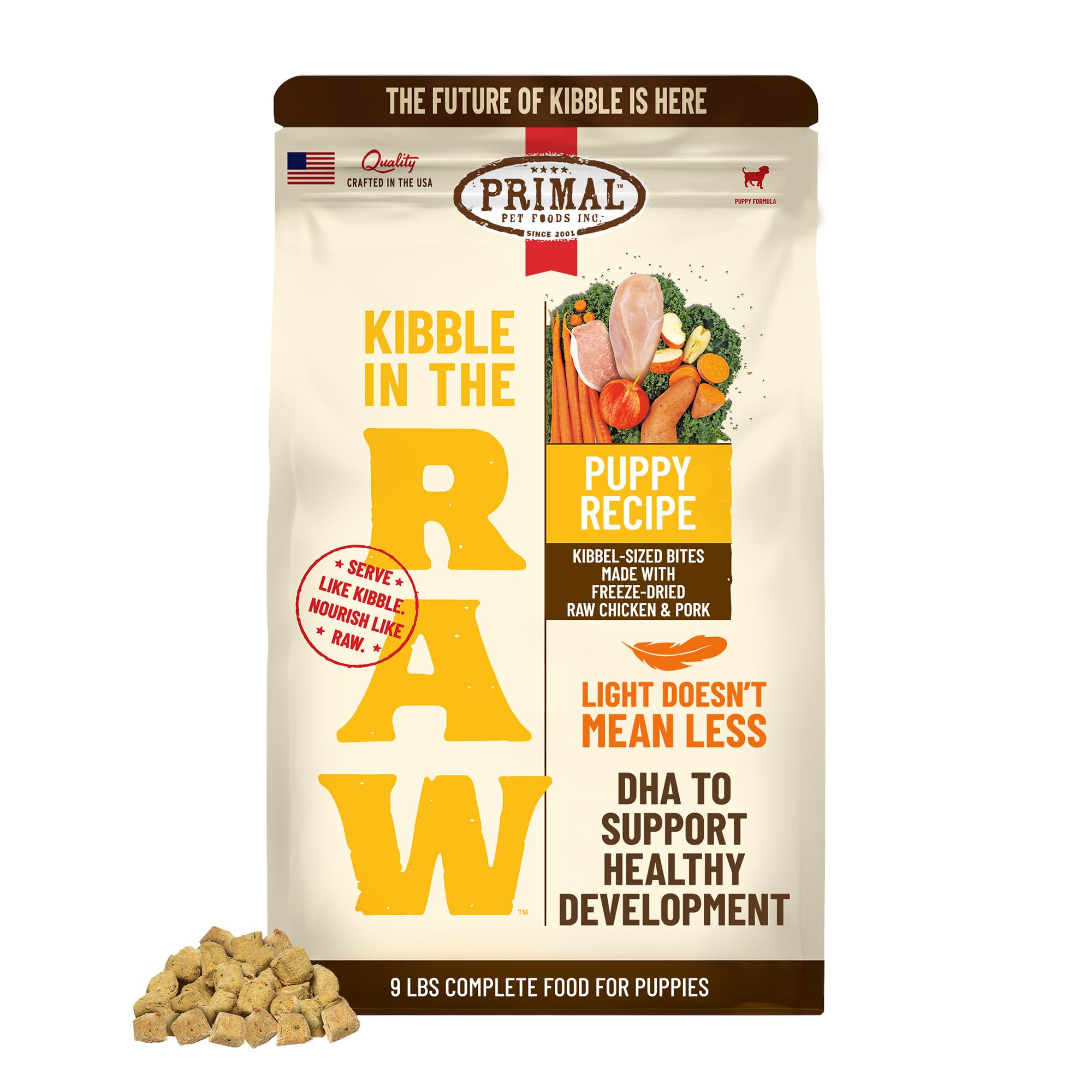 Primal croquetas crudas, bolsa para servir rápido, proteína cruda y sabor natural.