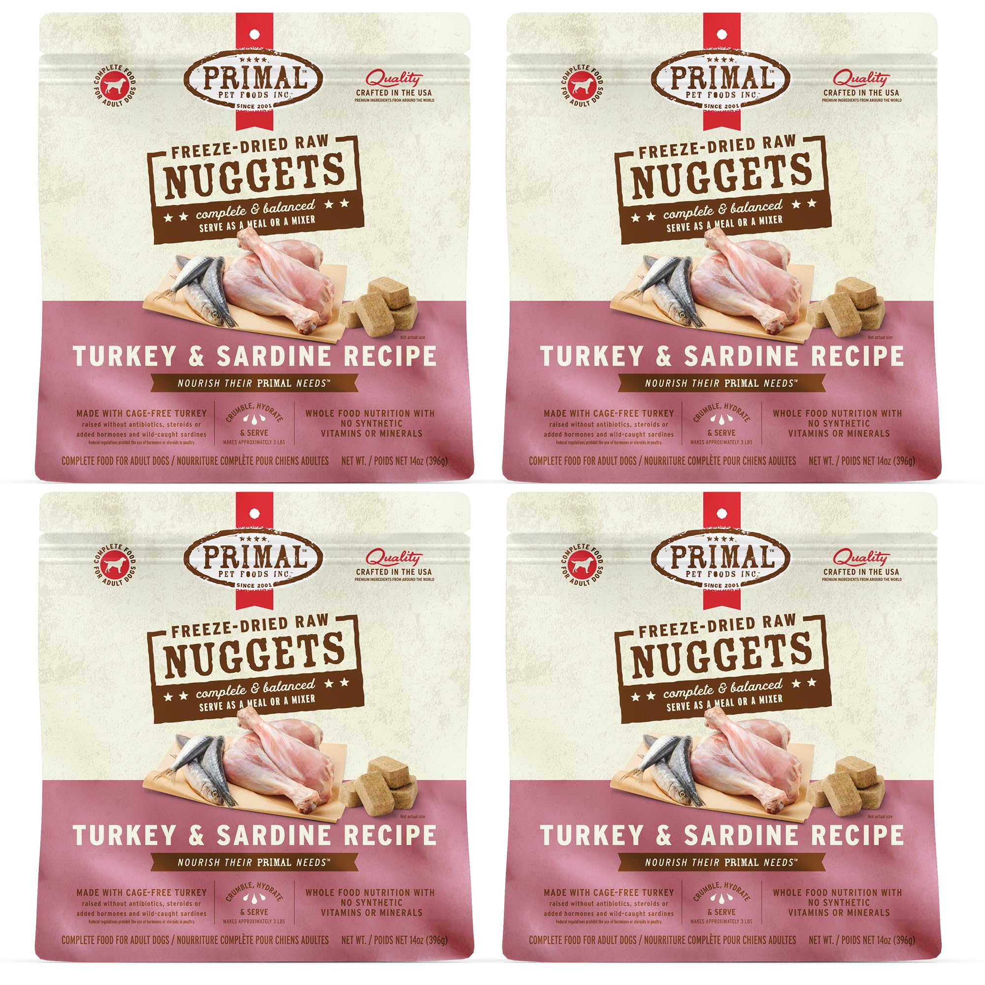 Primal Pet Foods cuñas pavo y sardina, frente del producto, listas para servir.
